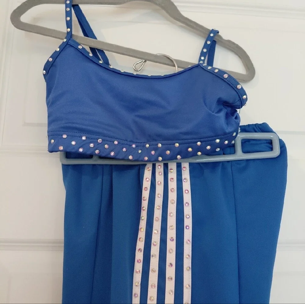 Blue Two-Piece Dance/Active Set with White Trim And AB Stoning